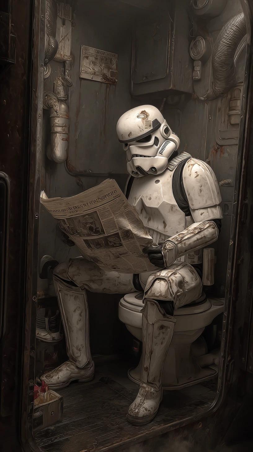 Stormtrooper leyendo en un sucio retrete de nave espacial