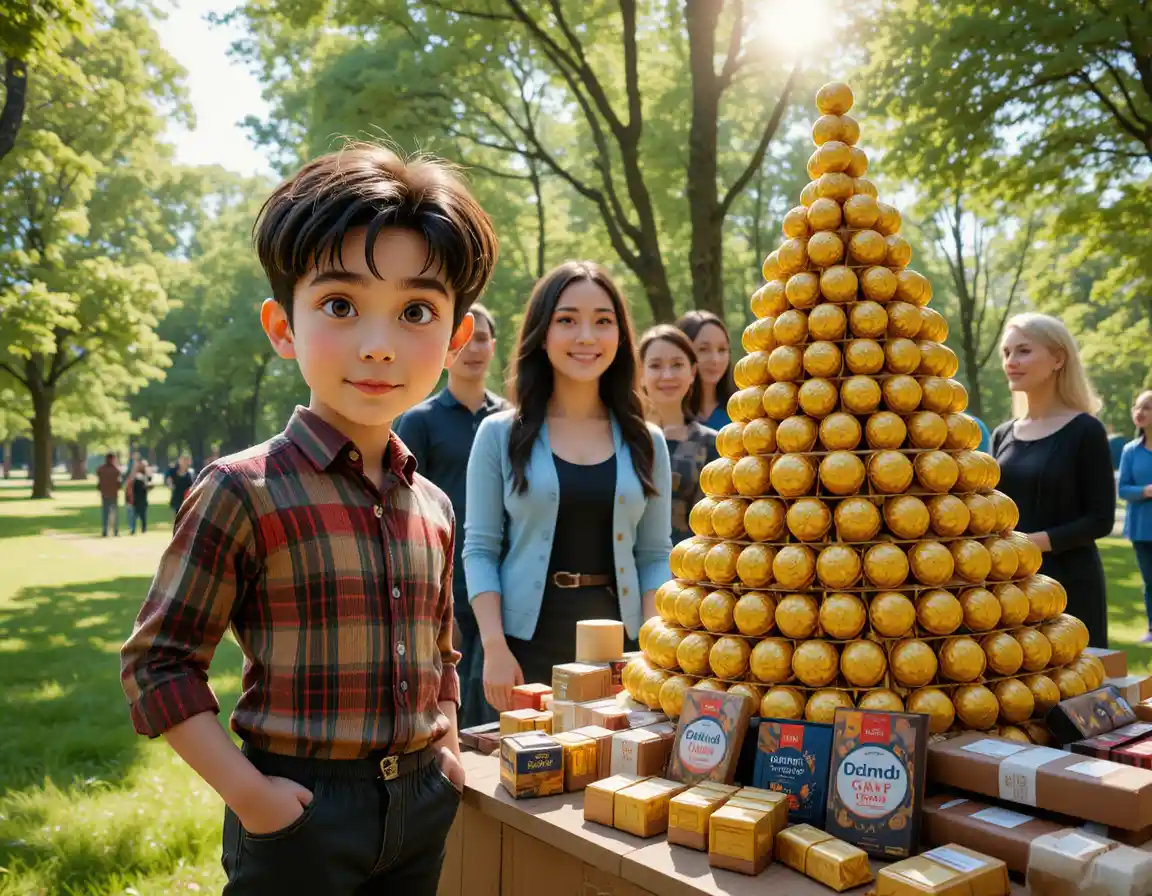 Young boy beside golden chocolate pyramid in sunny park