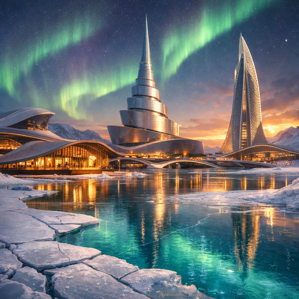 Futuristic Arctic City With Silver Spire At Dusk