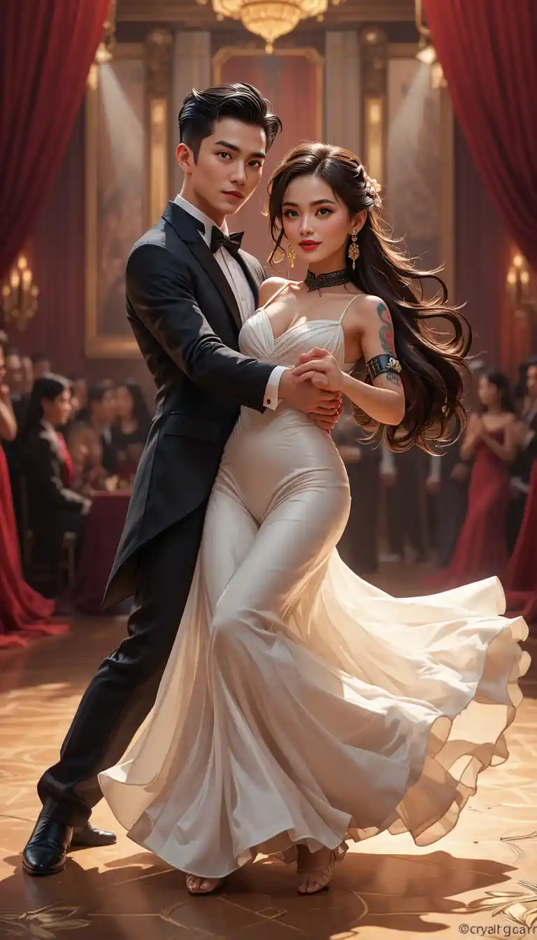 Elegant couple dancing passionate tango on gala stage