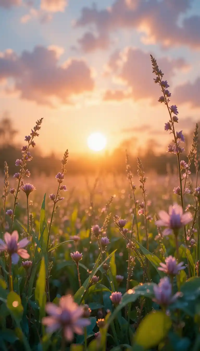 Sunlit spring meadow with dewy grass and wildflowers