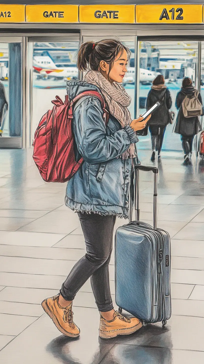 분주한 공항 터미널을 걷는 젊은 여성 그림