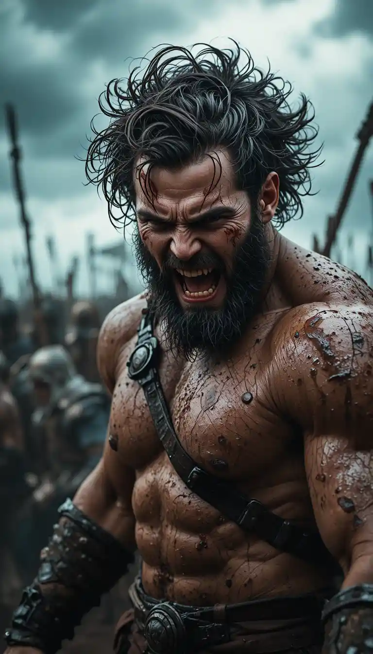 Bearded warrior snarling in armor amid chaotic battlefield