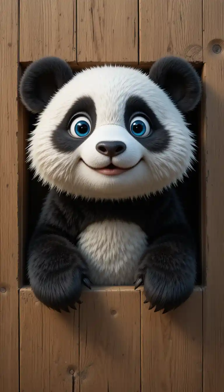 Cute 3D panda popping from a wooden rectangle