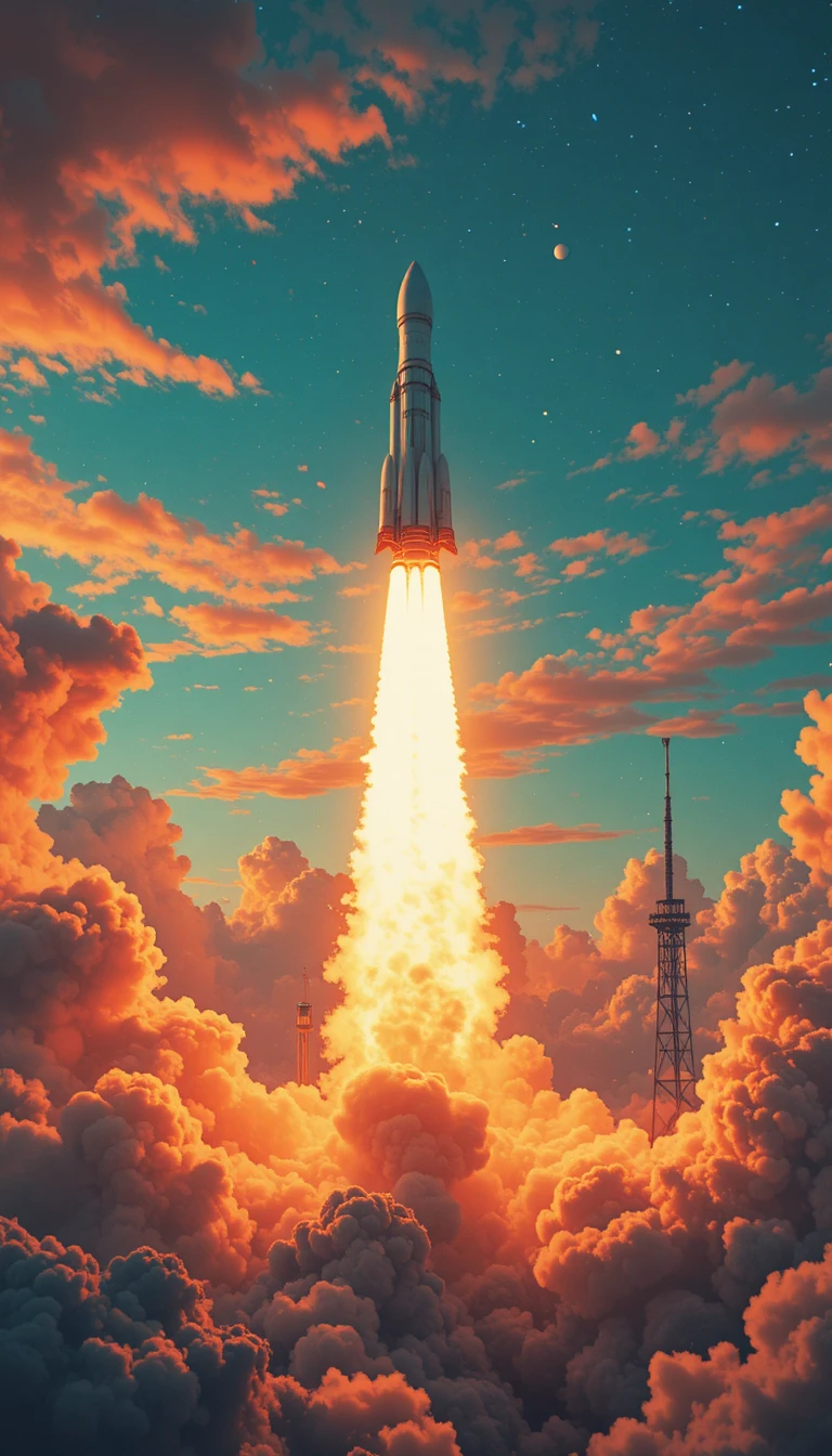 Rocket launching with fiery exhaust into dramatic orange teal sky
