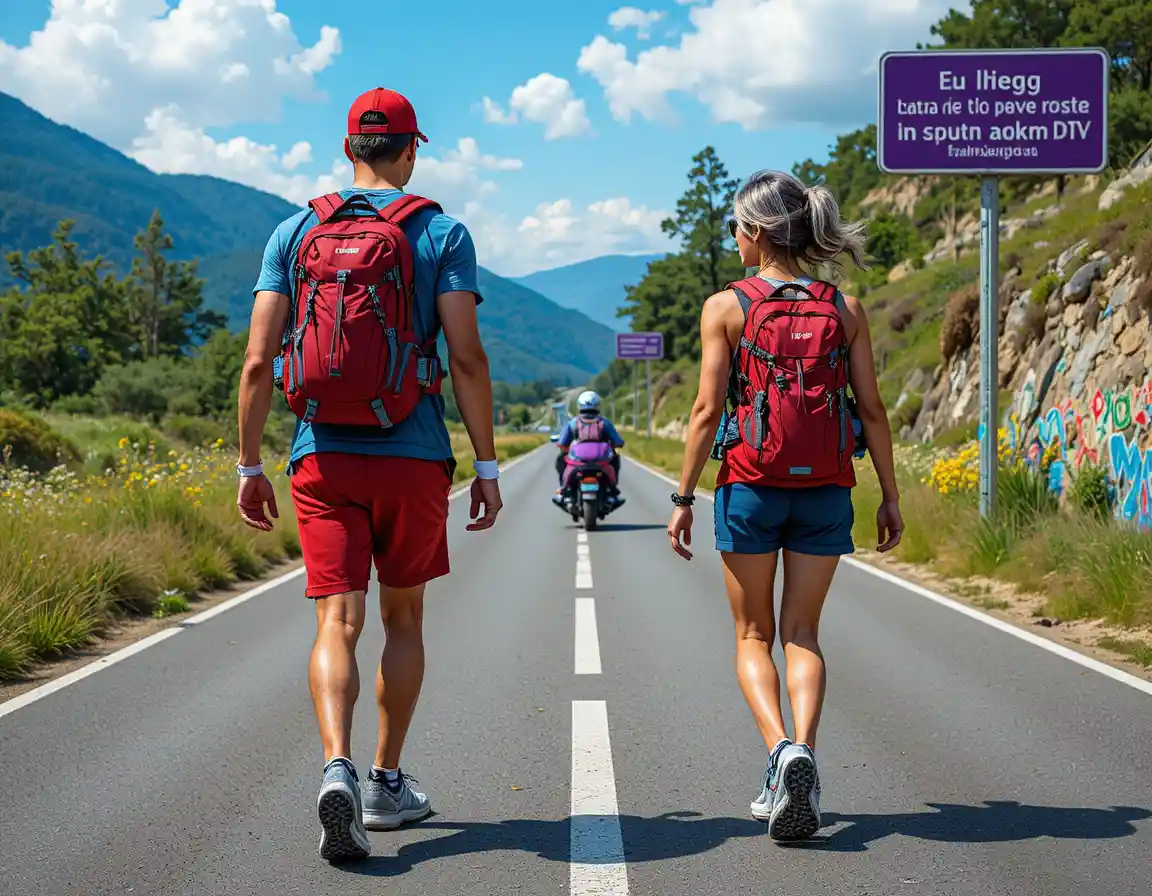Fit couple hiking with red backpacks along summer road