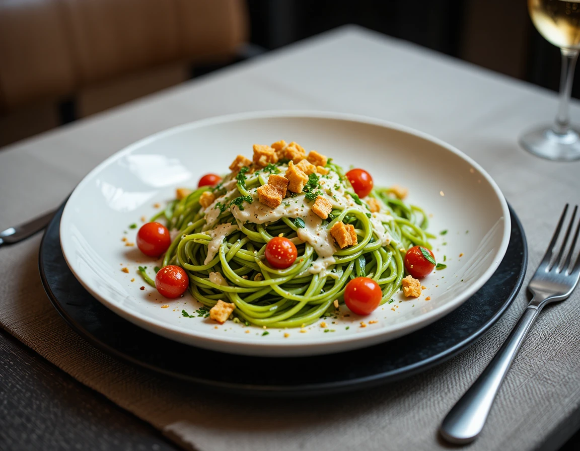Grüne Pasta mit Kirschtomaten in elegantem Restaurant-Ambiente