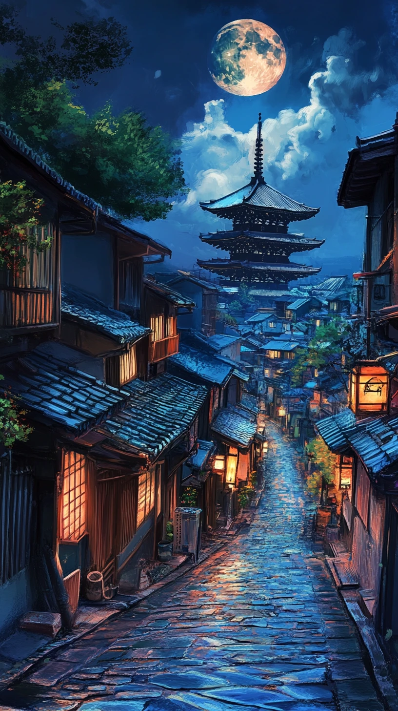 Schmale mondbeschienene Gasse in einer japanischen Stadt mit fernem Tempel