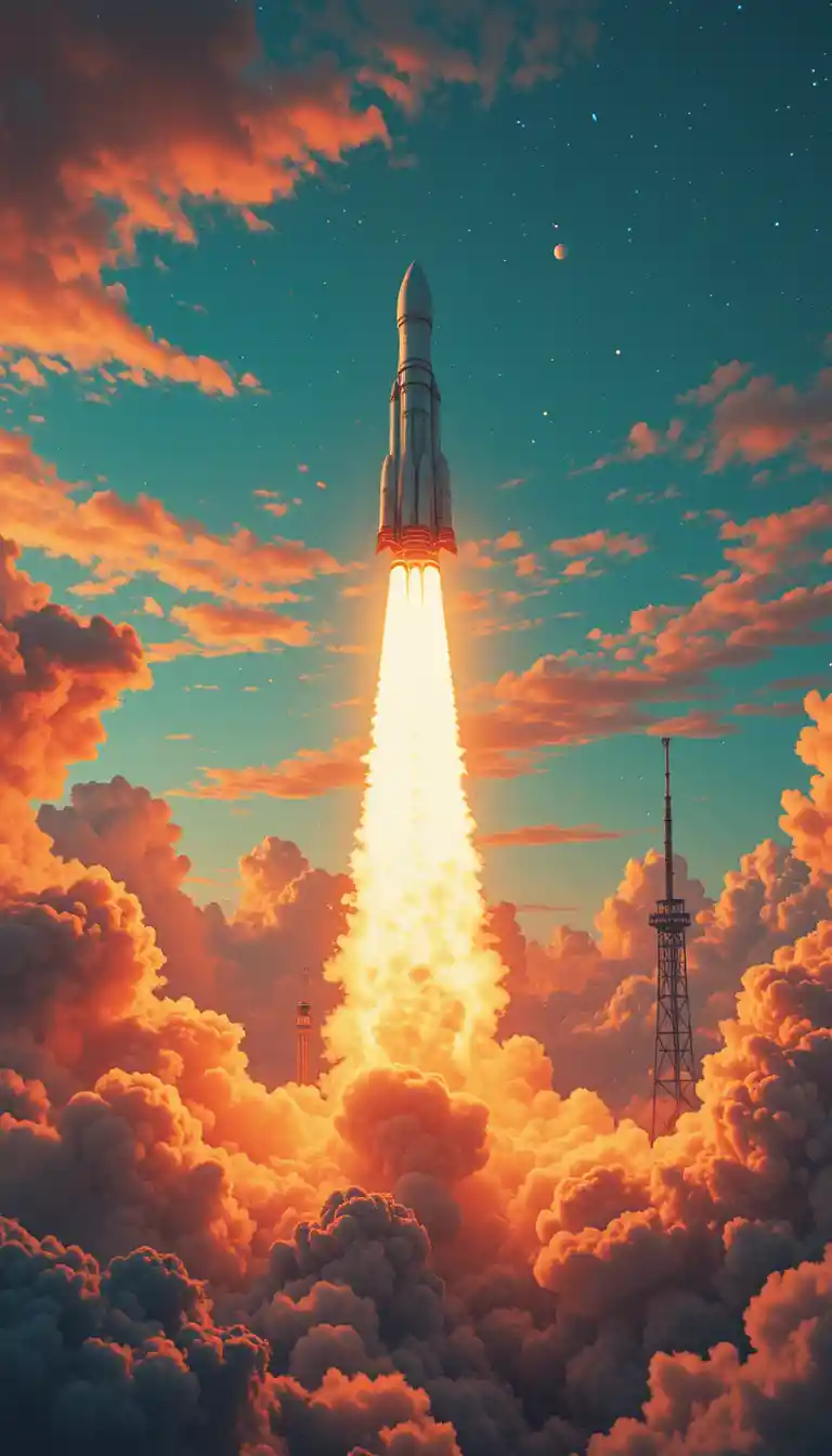Rocket launching with fiery exhaust into dramatic orange teal sky