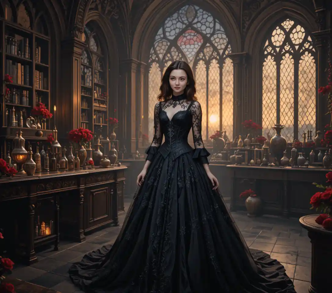 Gothic girl conjuring magic at sunset in palace laboratory