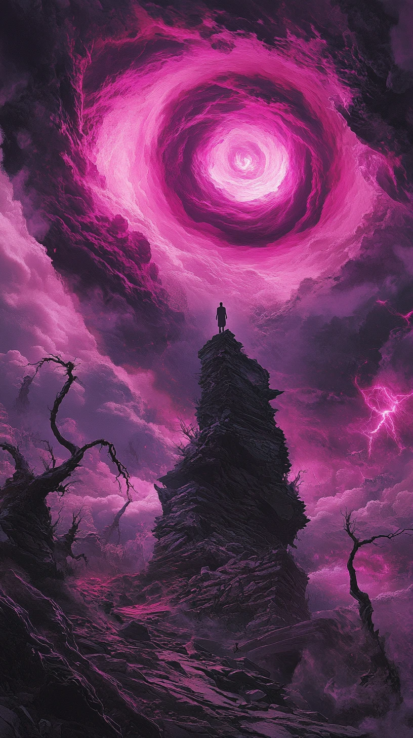 Lone figure amid swirling purple vortex over ancient ruins