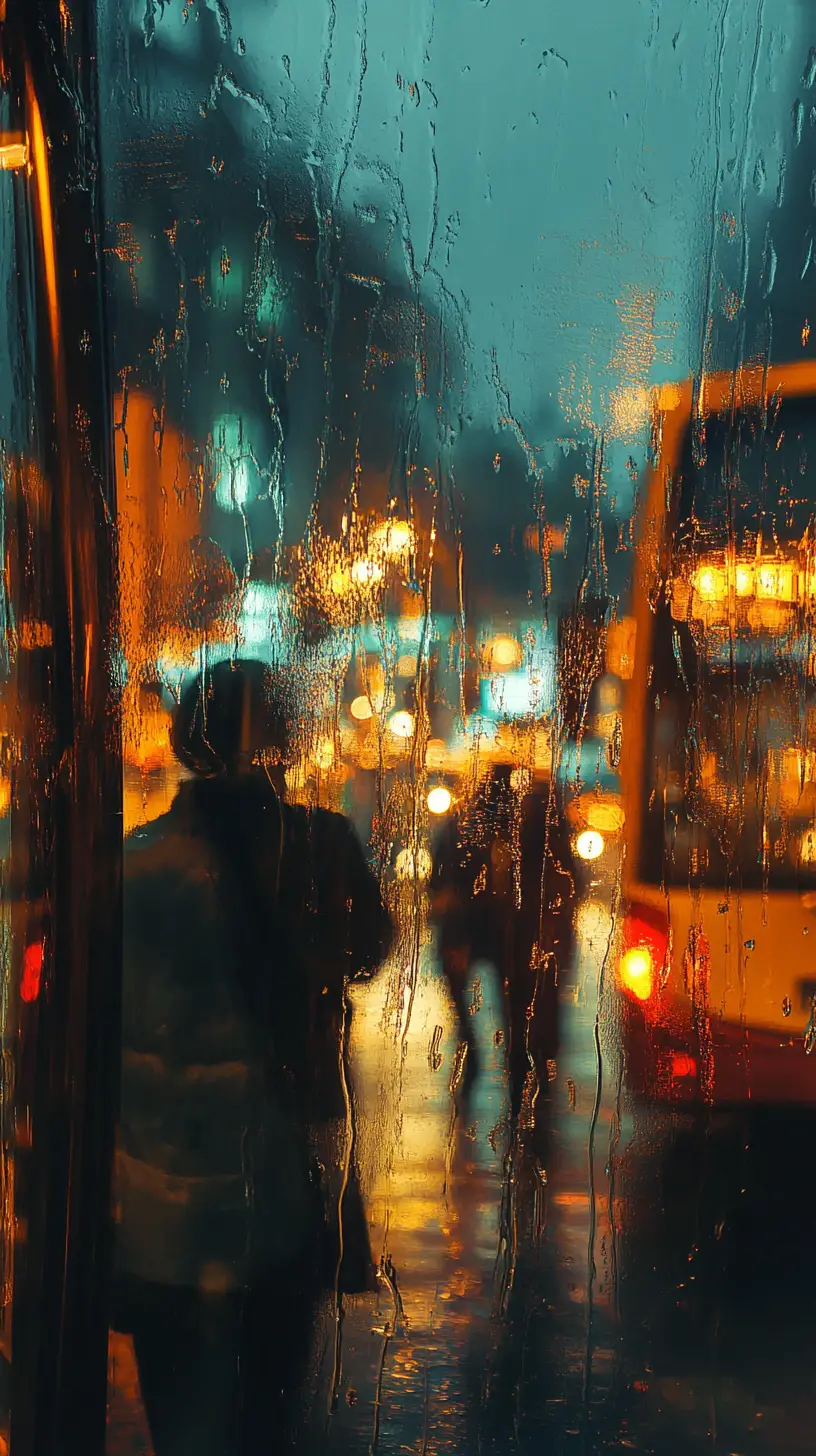 Night city bus with rain streaked windows and riders