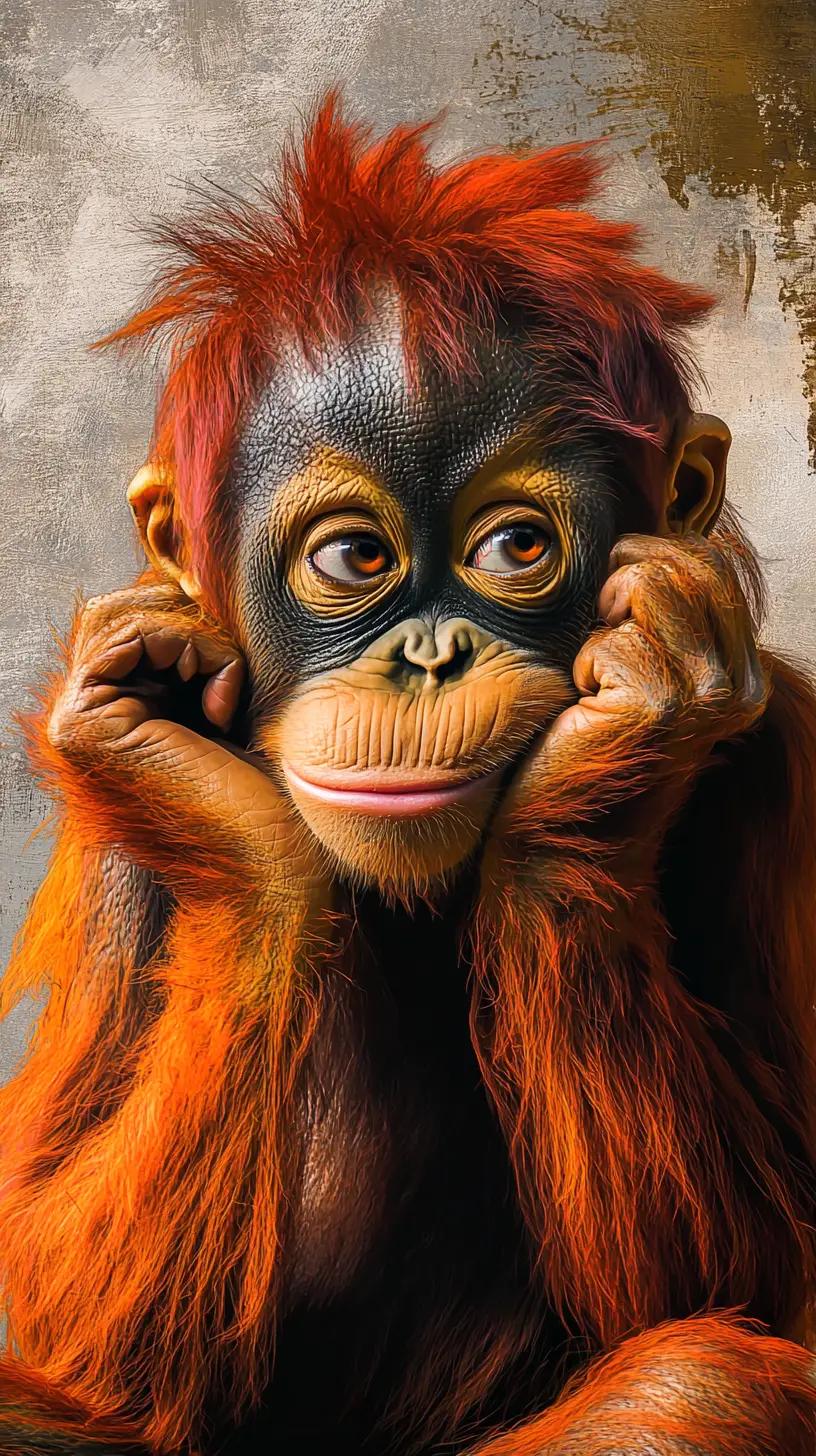 Giovane orangutan pensieroso con le mani sulla testa in primo piano
