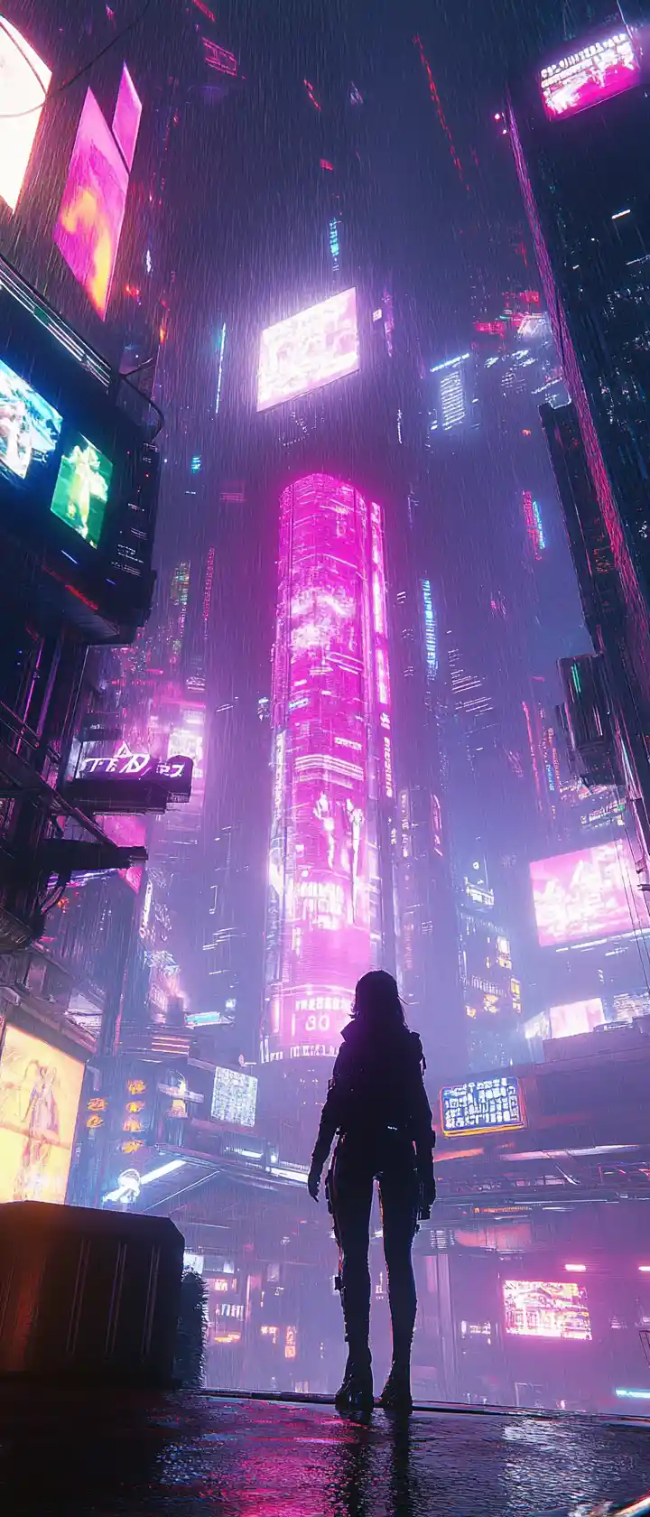Lone woman overlooking futuristic neon city at night