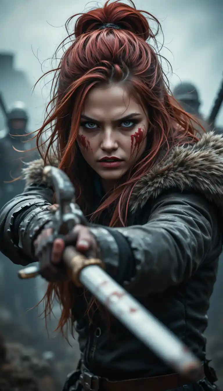 Fierce red haired warrior woman aiming a bloody sword