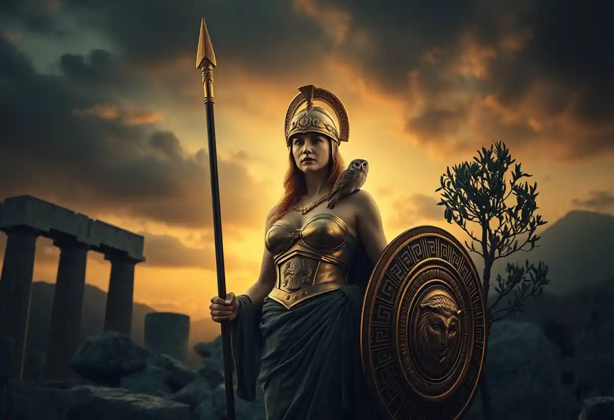 Athena in göttlicher Rüstung zwischen antiken Marmoruinen