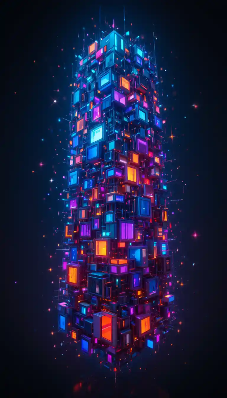 Glowing geometric rectangles in a vibrant abstract cosmic scene