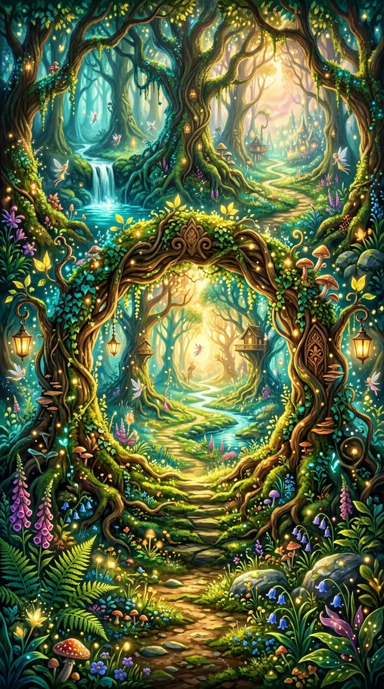 Whimsical forest doorways glowing in gentle natural light