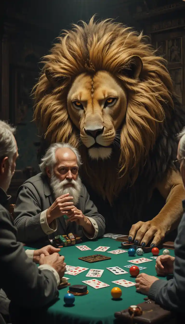 Old man playing cards against a focused lion