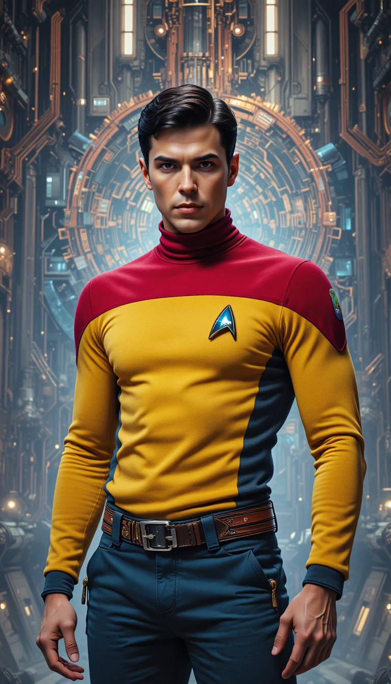 Hombre serio de ciencia ficción con uniforme y fondo futurista