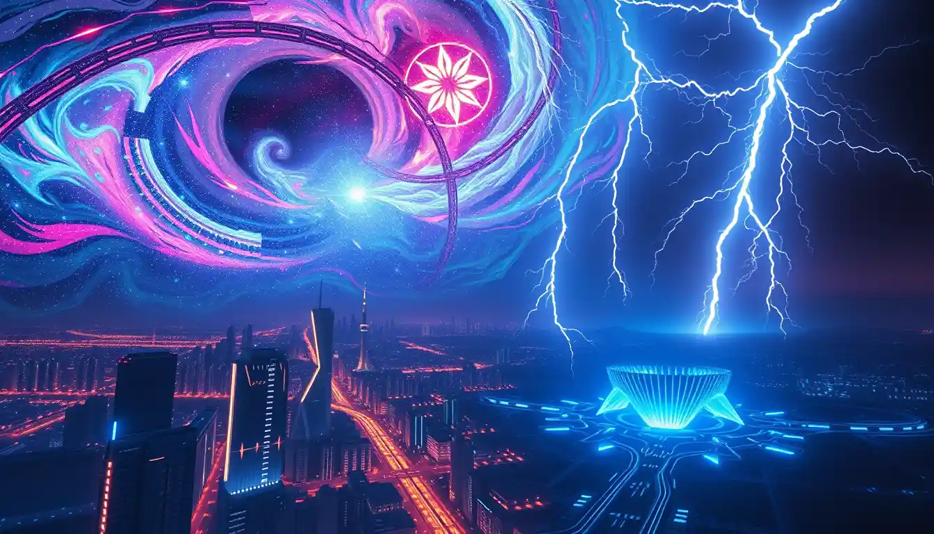 Futuristic neon city dissolving into a cosmic galaxy