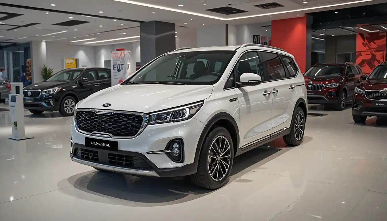 Minivan Kia Carnival branca em um showroom de carros moderno