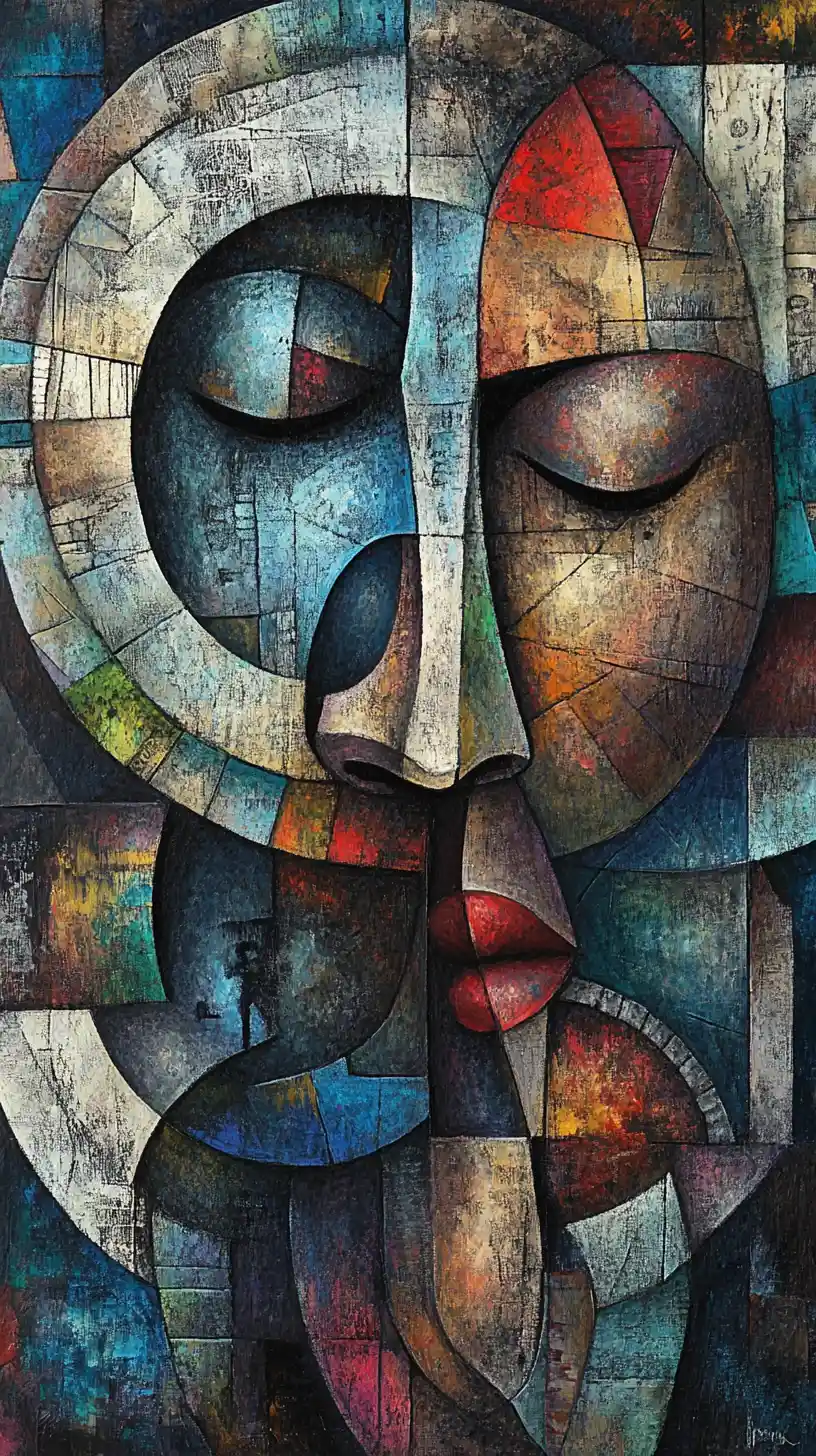 Surreal cubist portrait of fragmented human faces