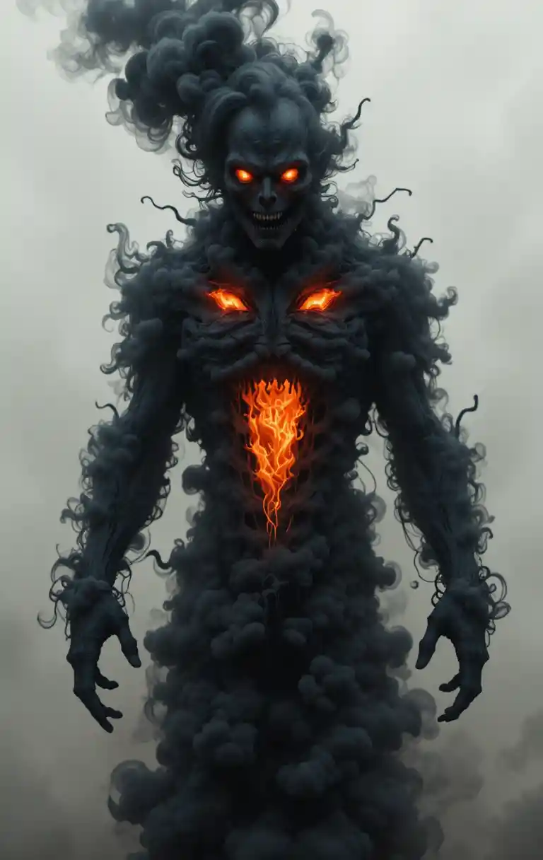 Smoky black monster with fiery glowing eyes and mouth