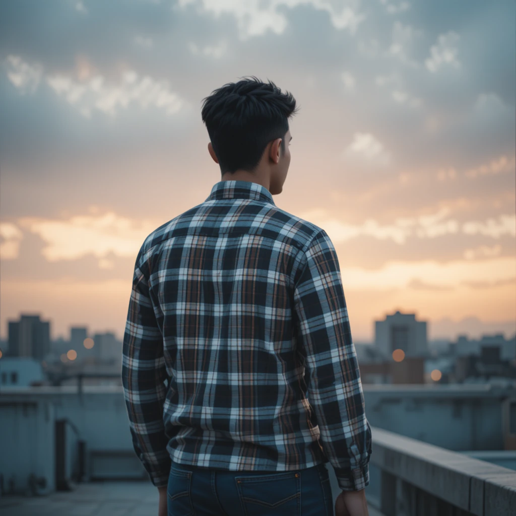夕暮風吹下的屋頂上，格紋襯衫年輕男子