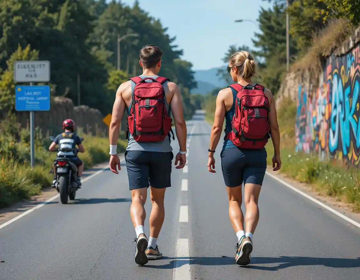 Fit couple hiking with red backpacks along summer road