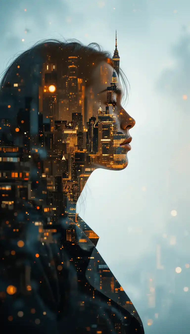 Ritratto in doppia esposizione di donna con skyline urbano luminoso