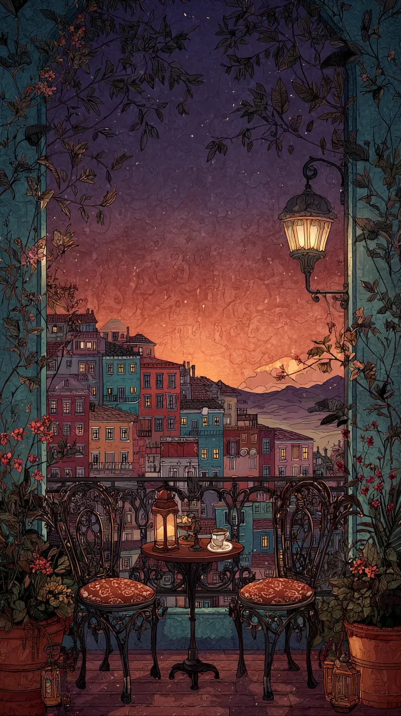 Romantic Balcony At Sunrise Over A European Town