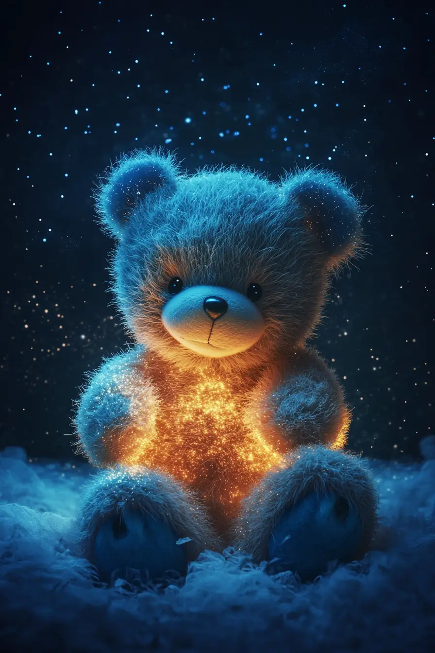 Surreal teddy bear in a world of sunshine and starry night