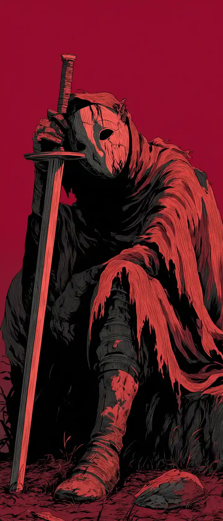 Masked warrior grieving with sword like a grave marker