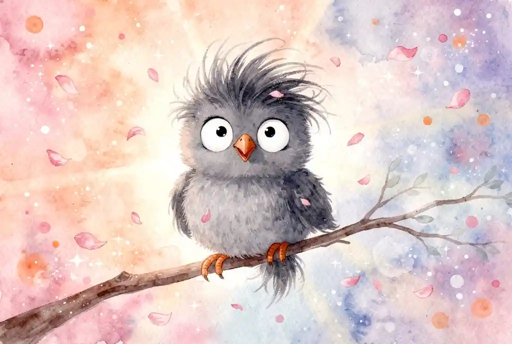 Cute fluffy cartoon bird on branch with falling petals