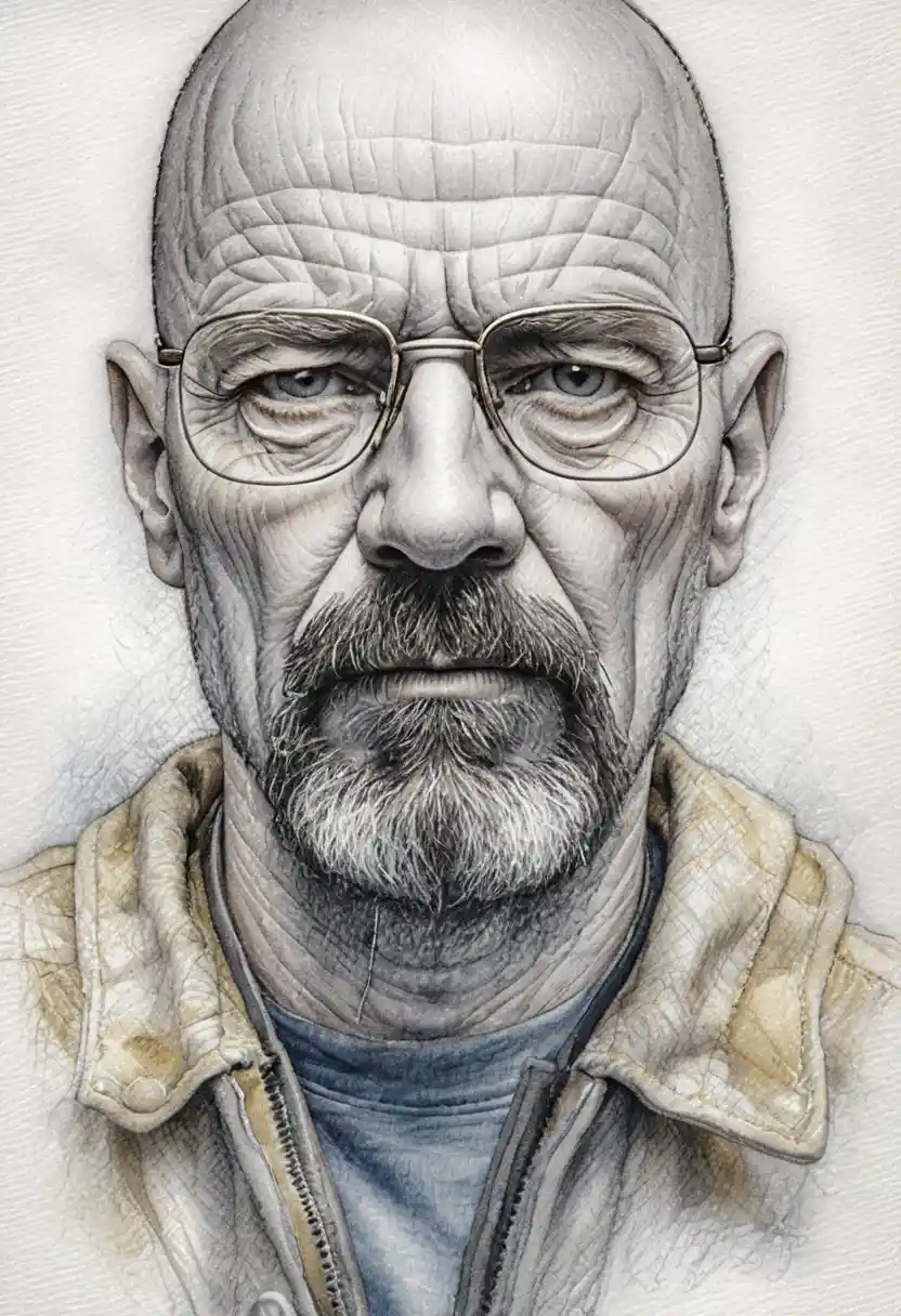 Graphite portrait of a bald man with glasses in shadow