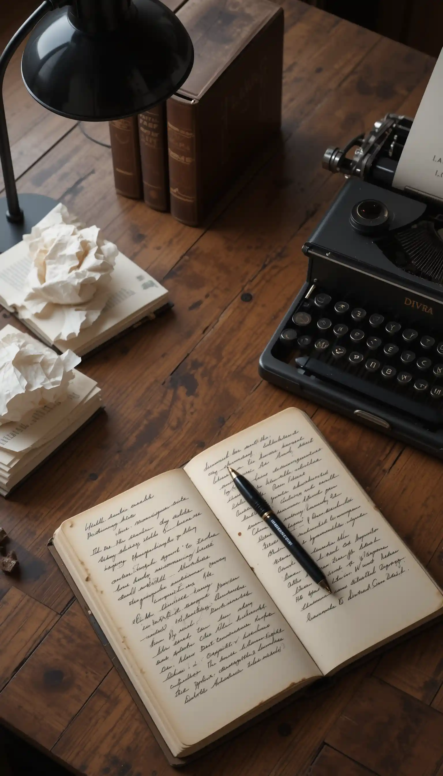 Cozy wooden desk with notebook typewriter and coffee cup