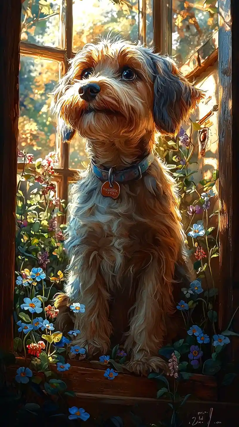 Shaggy dog portrait with blue flowers in a cozy cottage