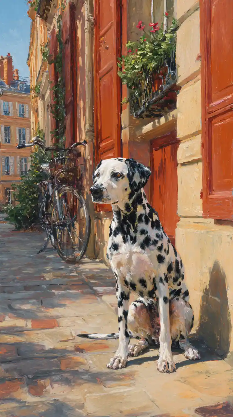 Dalmatian on a Parisian sidewalk in warm afternoon light