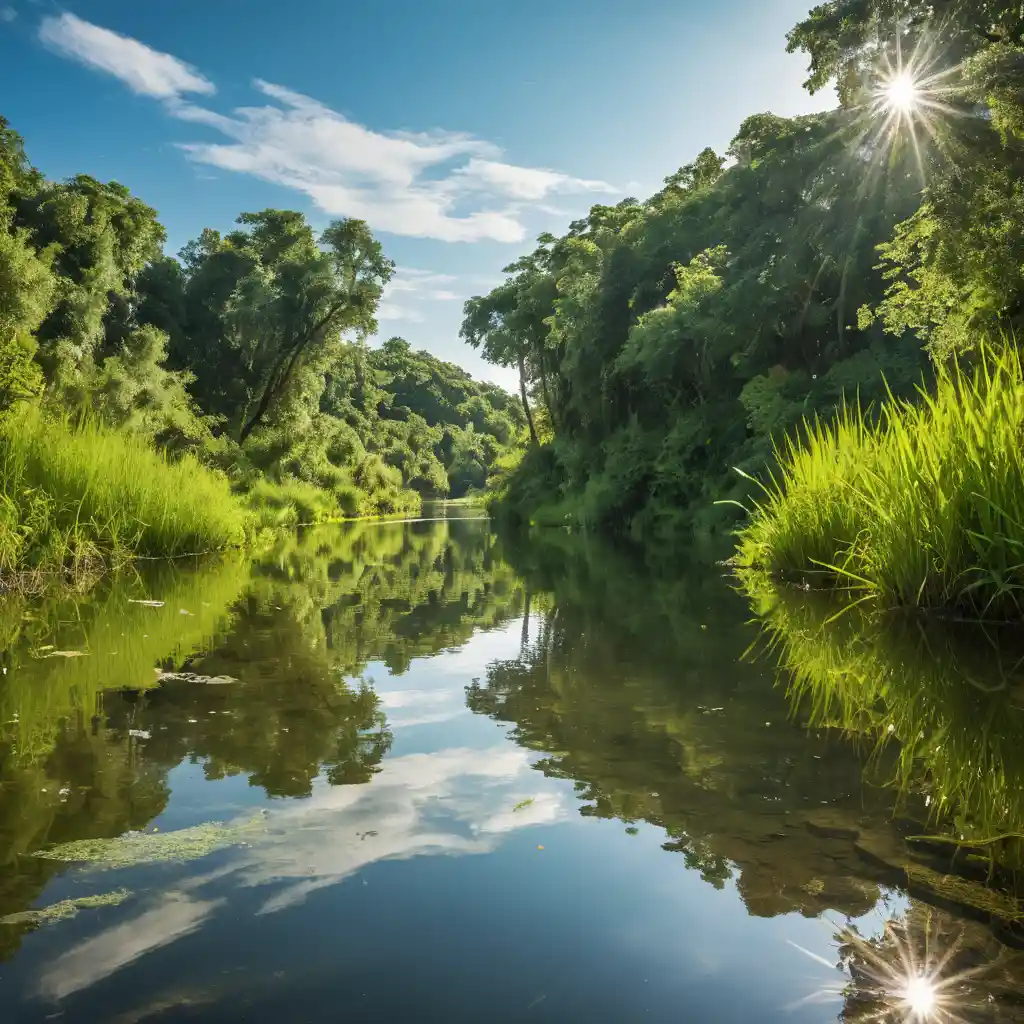 Tranquil riverside with clear water and lush green foliage