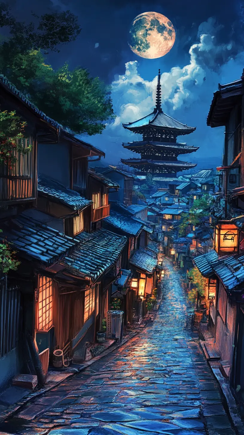 Narrow moonlit alley in a Japanese town with distant temple