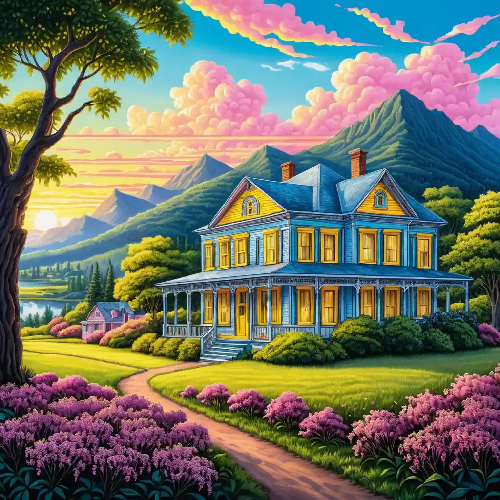 Summer countryside sunrise with elderberry bushes and house