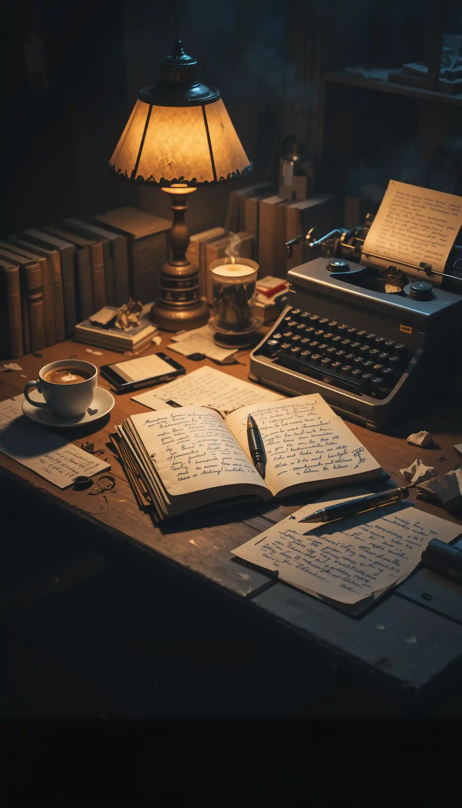 Writer desk at night with lamp and vintage typewriter