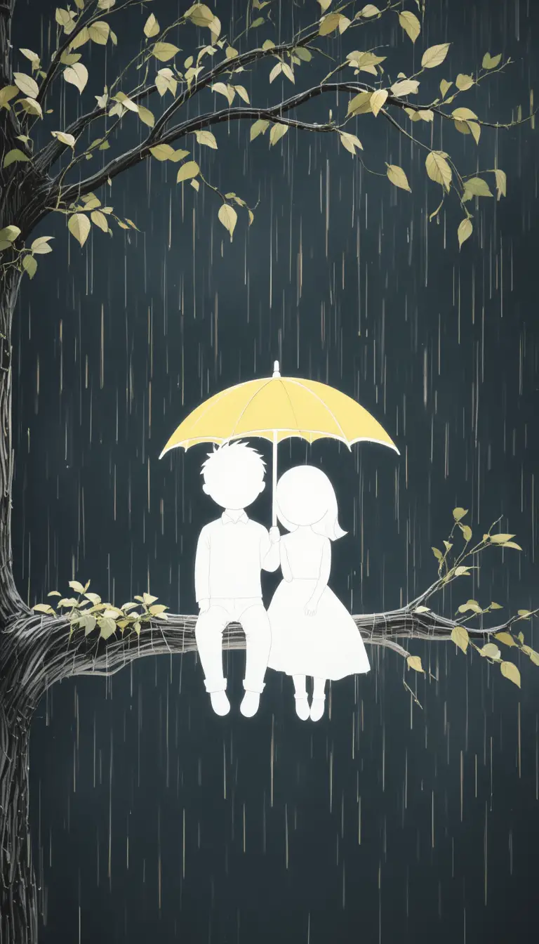 黄色い傘の下、雨の枝に座るスケッチのカップル