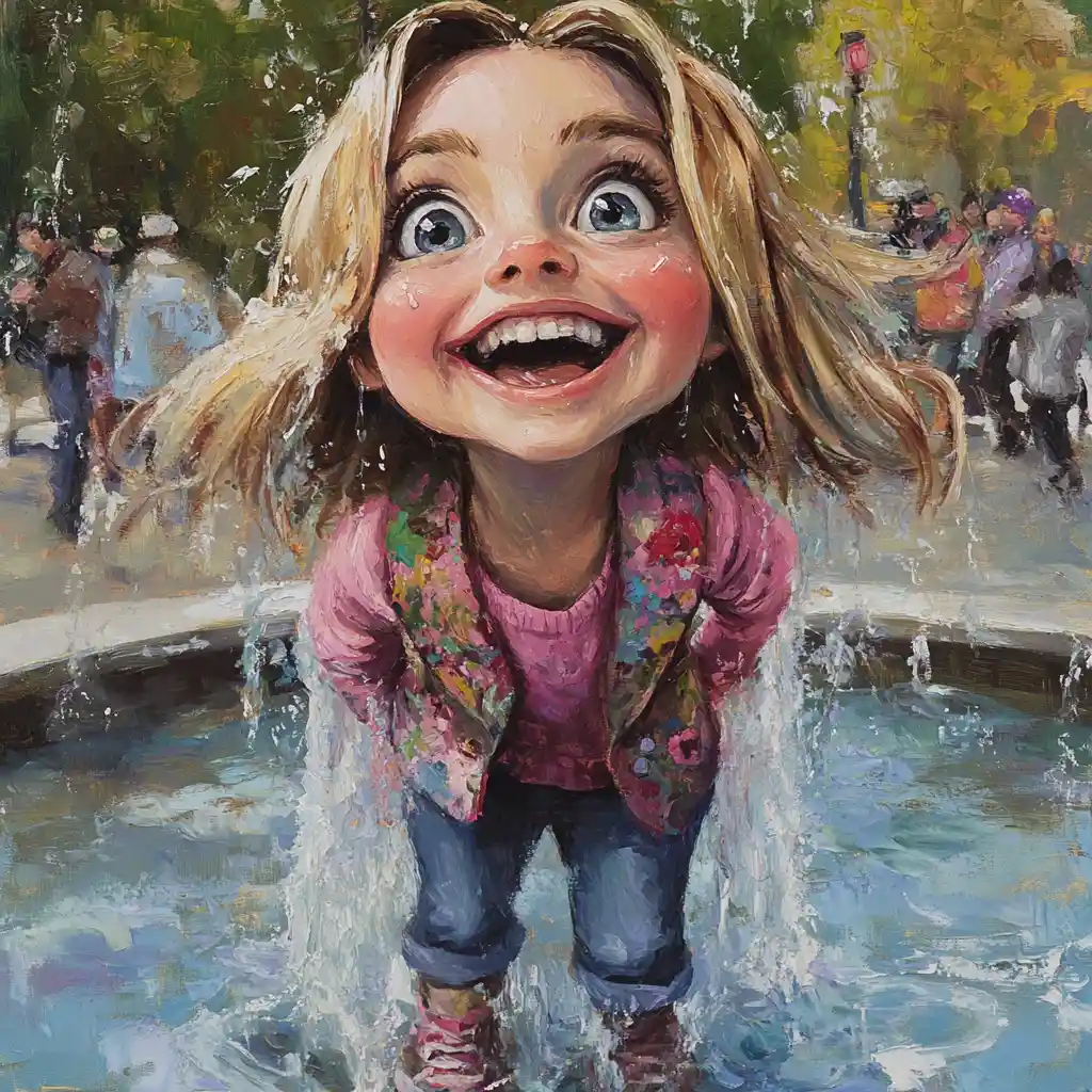 Smiling girl in a fountain in a lively city square