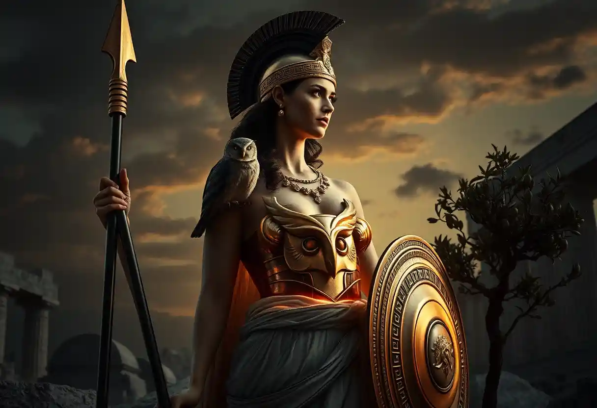 Athena warrior goddess in ruins at twilight sky