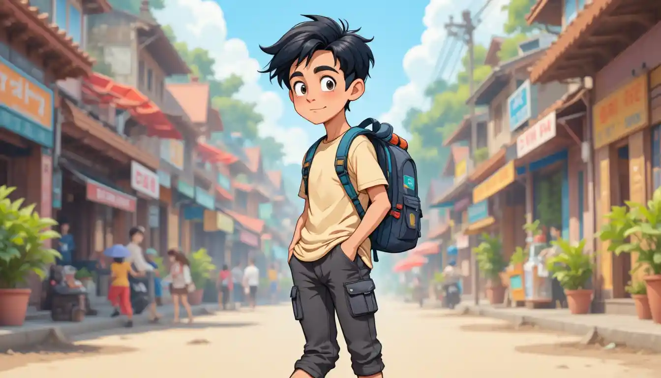 Curious Myanmar teen explorer on a vibrant city street
