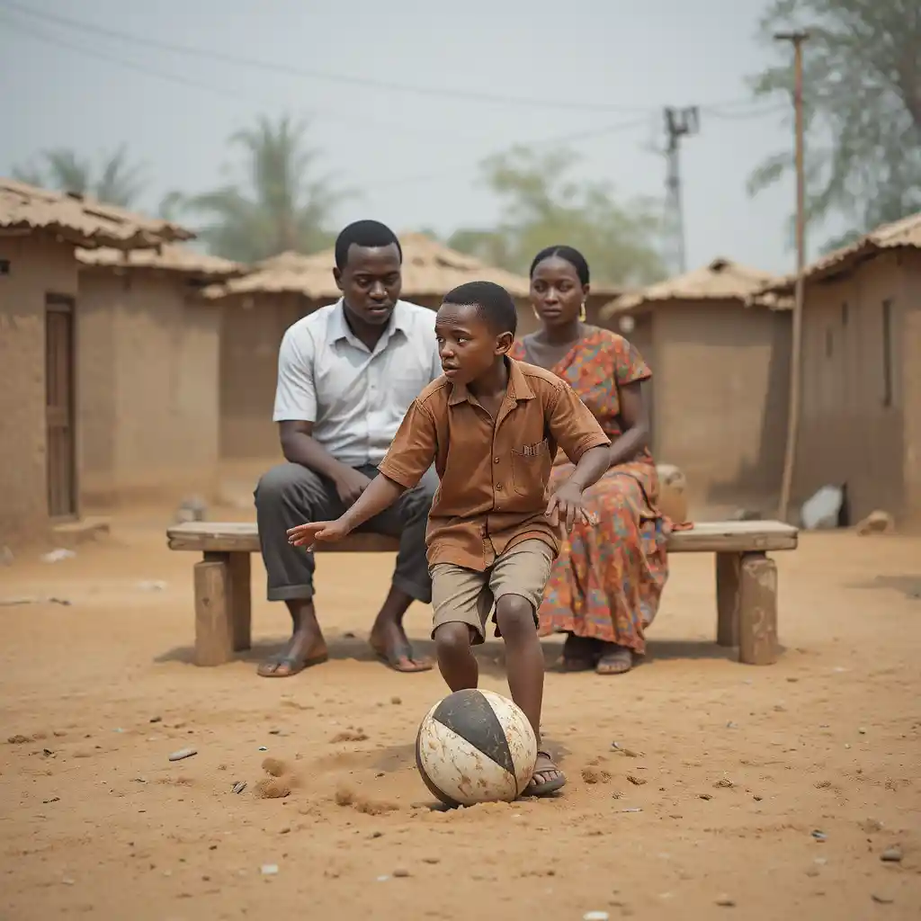 Young boy playing football in a sandy family yard