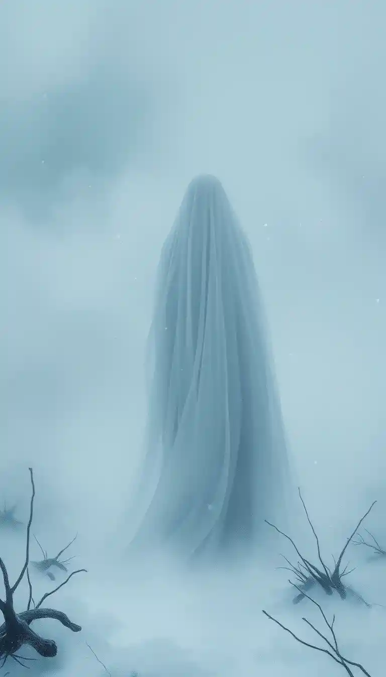Veiled figure in a silent snowy wilderness scene