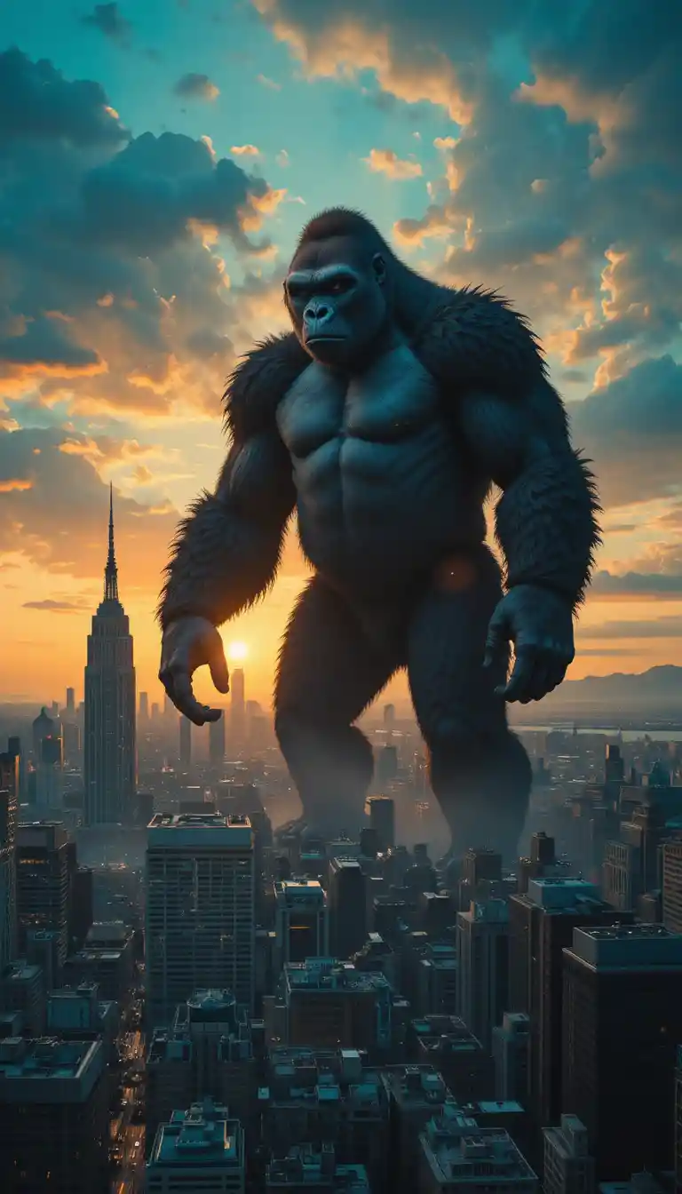 Gigantischer Gorilla überragt eine dichte Stadt bei Sonnenuntergang